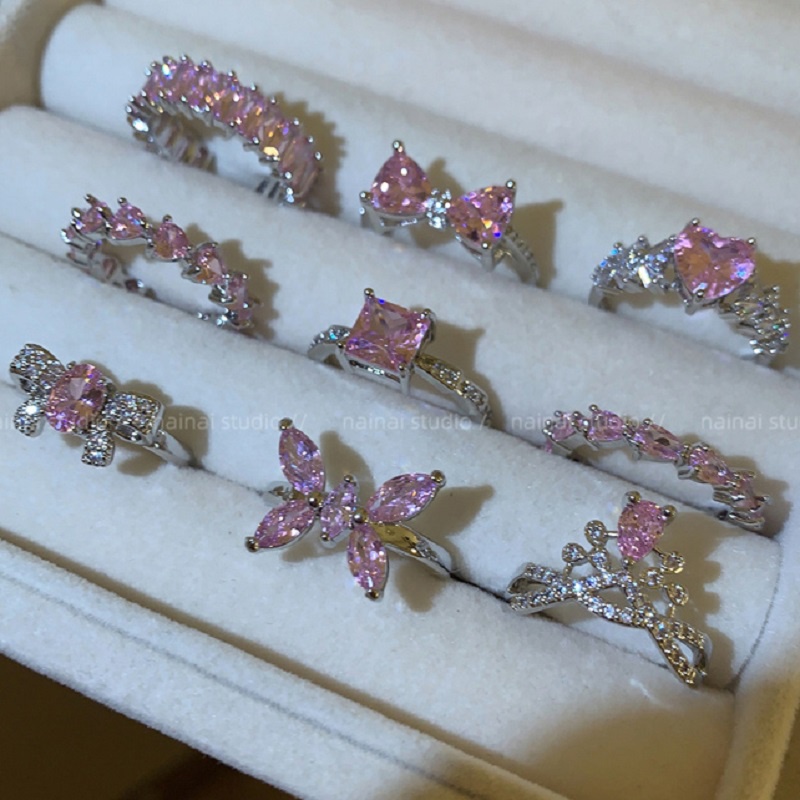 Fashion Adjustable Gemstone Heart Rings Cincin Jari Crtystal Pink Elegan Untuk Aksesoris Perhiasan Wanita Image 4