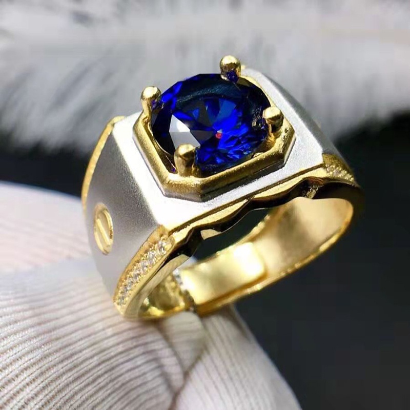 Mewah Perak Emas Pria Biru Zirkon Kristal Safir Cincin Titanium Fashion Perhiasan Pernikahan Cincin Aksesoris