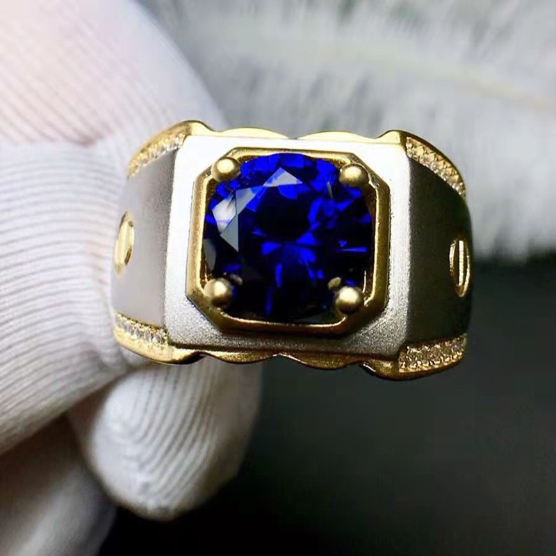 Mewah Perak Emas Pria Biru Zirkon Kristal Safir Cincin Titanium Fashion Perhiasan Pernikahan Cincin Aksesoris