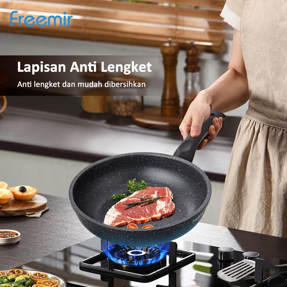 Freemir 20 cm Wajan Penggorengan Anti Lengket  Non Stick Multifungsi Single Bottom Hitam