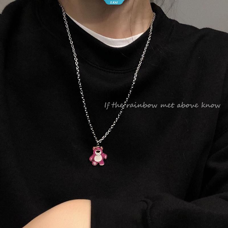 Cute Strawberry Bear Necklace New Tide Simple Sweater Panjang Rantai Liontin Dengan Aksesoris Jumper Chain Necklace [ZK]
