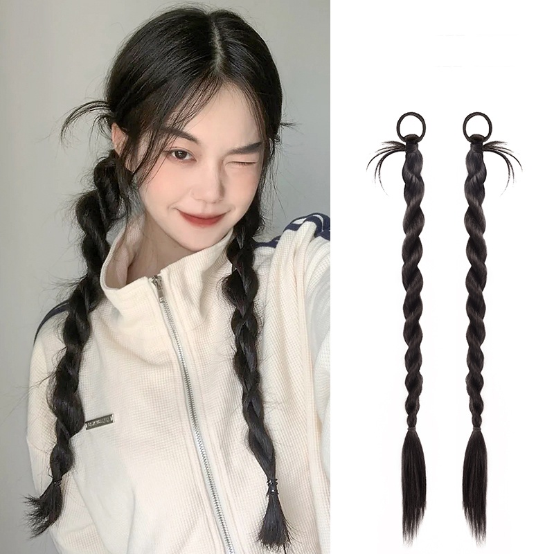 Y2k Pedas Gaya Gadis Kepang Ponytail Wig Simulasi Alami Panjang Memutar Ganda Ponytail Wig Rambut Ekstensi 60CM