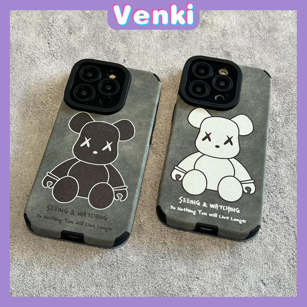 VENKI - Untuk iPhone 11 Case Kulit Kulit Murid Mata Suede Ponsel Case Lembut Tahan Guncangan Airbag Case Protection Camera Simple Bear Kompatibel iPhone 14 13 Pro max 12 xr xs 7 8Plus