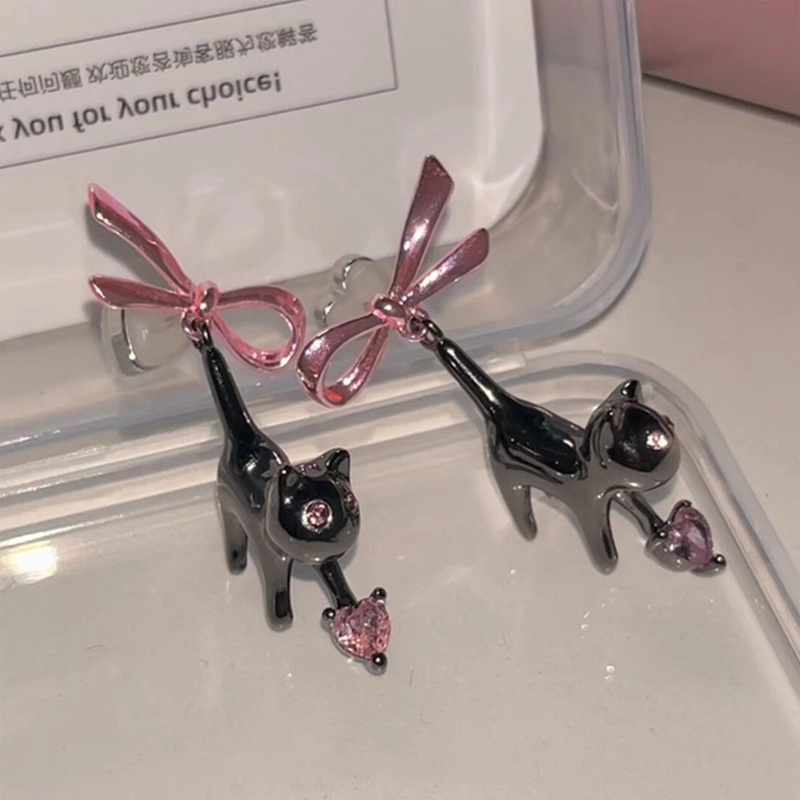 Jepang Gaya Kucing Hitam Anting Merah Muda Hati Berlian Imitasi Drop Earrings Manis Ikatan Simpul Stud Earrings Wanita Gadis Siswa Lucu Anting-Anting Y2k Estetik Perhiasan Aksesoris