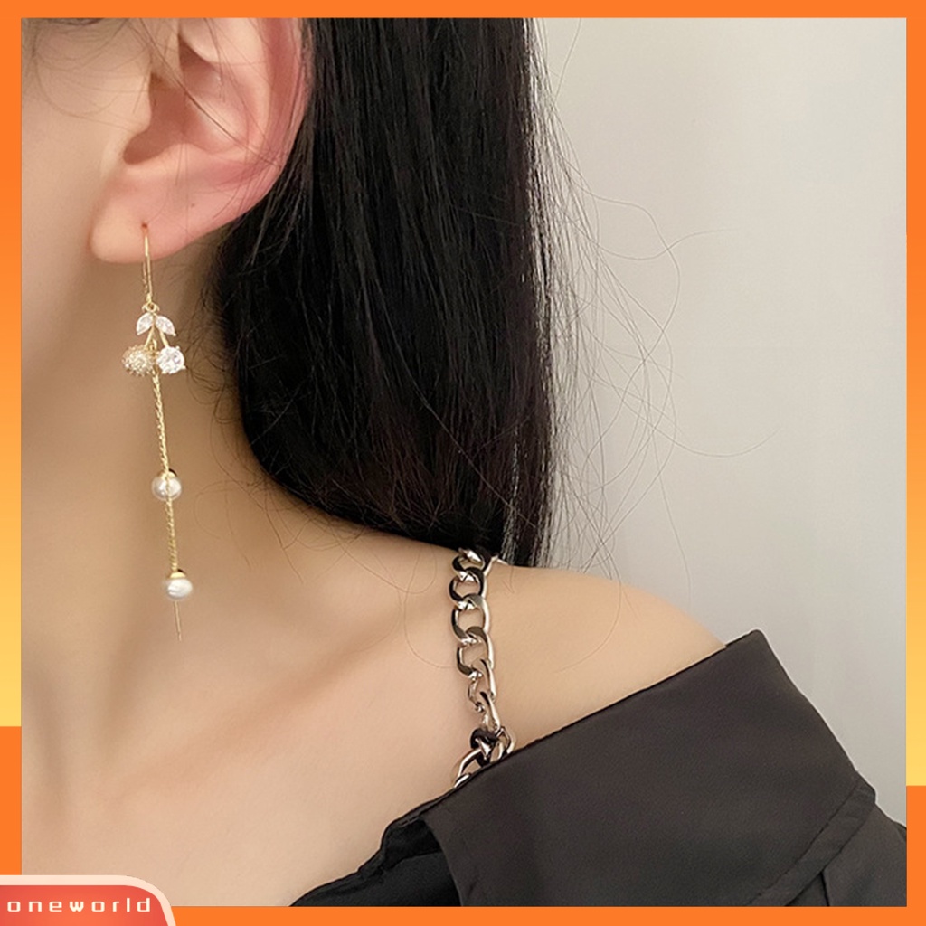 [WOD] 1pasang Anting Garis Telinga Cherry Kristal Imitasi Mutiara Imitasi Jumbai Panjang Earrings Untuk Pesta Pernikahan Prom Banquet