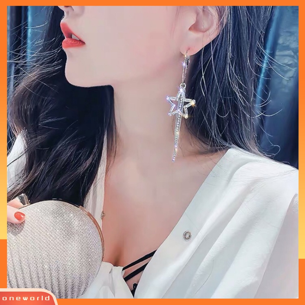[WOD] Wanita Berlian Imitasi Berongga Bintang Panjang Rumbai Menjuntai Hoop Earrings Statement Jewelry