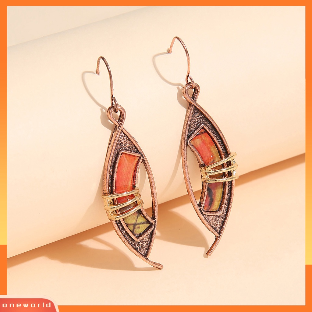 [WOD] 1pasang Orange Batu Tindik Drop Earrings Kulit-Menyentuh Patchwork Warna Berongga Asimetris Kait Anting Perhiasan Aksesoris