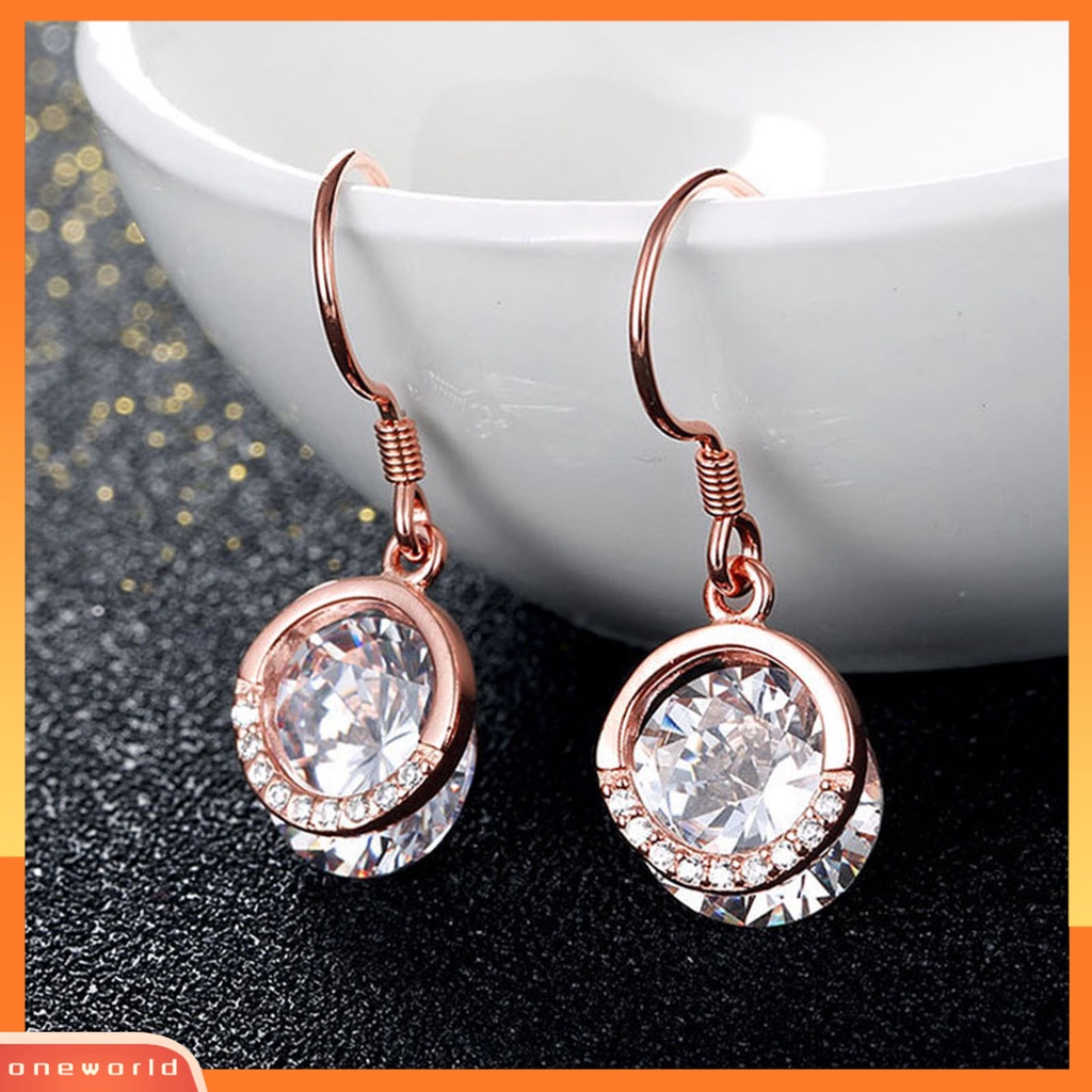 [WOD] 1pasang SILVERHOO Ladies Earrings Berlian Imitasi Semua Pertandingan Warna Rose Gold Wanita Bulat Cubic Zirconia Menjuntai Hook Earrings Untuk Belanja