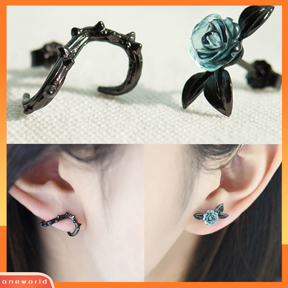 [WOD] Fashion Wanita Asimetris Duri Cabang Bunga Mawar Ear Stud Earrings Perhiasan