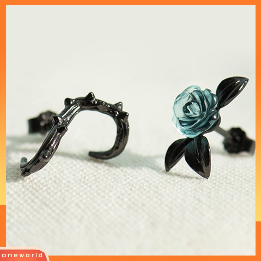 [WOD] Fashion Wanita Asimetris Duri Cabang Bunga Mawar Ear Stud Earrings Perhiasan