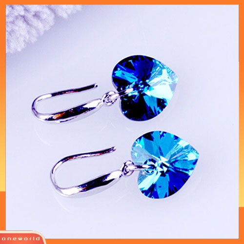 [WOD] Wanita Hati Biru Berlian Imitasi Alloy Ear Hook Menjuntai Eardrop Earrings