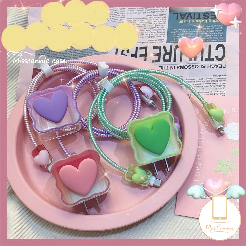 5in1 Wavy Edge Cute Ikatan Simpul Cinta Hati Set Lengan Kabel Data Kompatibel Untuk Apple 18/20W Adaptor Charger Soft Cover Dengan Lovely Strawberry Bear Toy Story Pelindung Gigitan Kabel