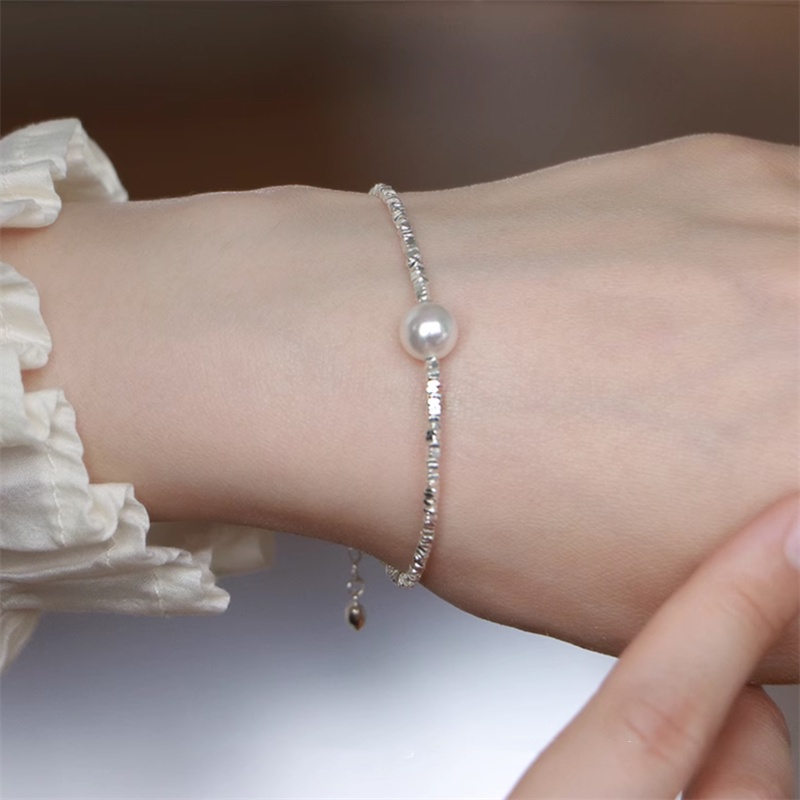 Roselife Korea Putih Mutiara Liontin Perak Bersinar Paillette Kecil Manik-Manik Gelang Untuk Wanita Perempuan Halus Mungil Berkilauan Pearl Bracelet Jewelry