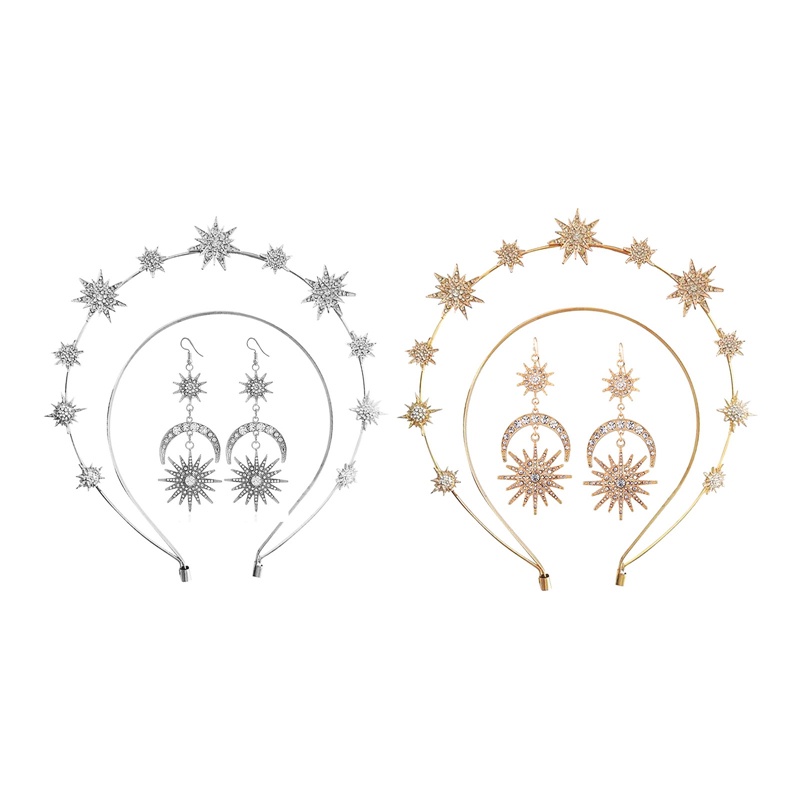 Multi-layer Bintang Logam Berlian Imitasi Aksesoris Rambut Wanita Styling Rambut Hairband Dengan Set Perhiasan Anting Bulan Matahari