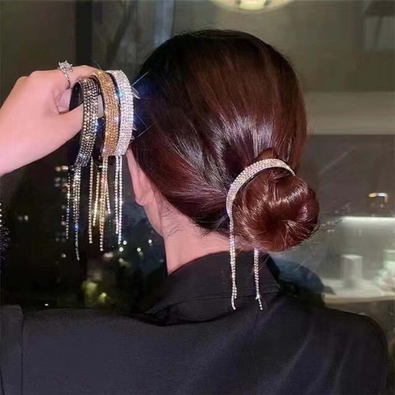 Wanita Elegan Mewah Berlian Imitasi Rumbai Ponytail Rambut Cakar Rambut Klip Jepit Hairpin Headband Fashion Aksesoris Rambut