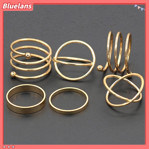 [BLS] 6pcs /Set Wanita Golden Tone Stack Polos Slim Band Midi Ring Spiral Knuckle Rings