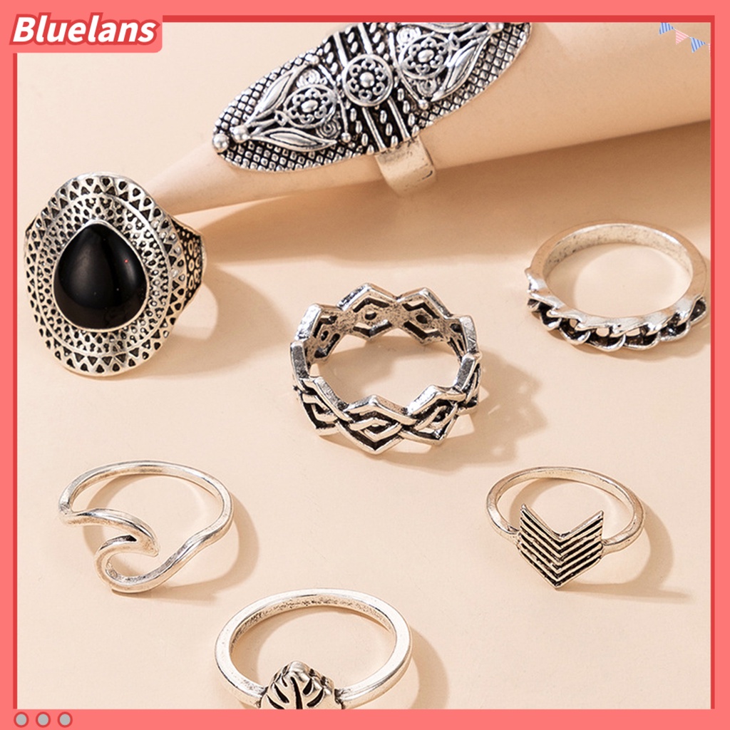 [BLS] 7pcs Cincin Bohemian Wanita Anti Tarnish Geometris Permata Imitasi Jari Cincin Set Perhiasan Untuk Pesta