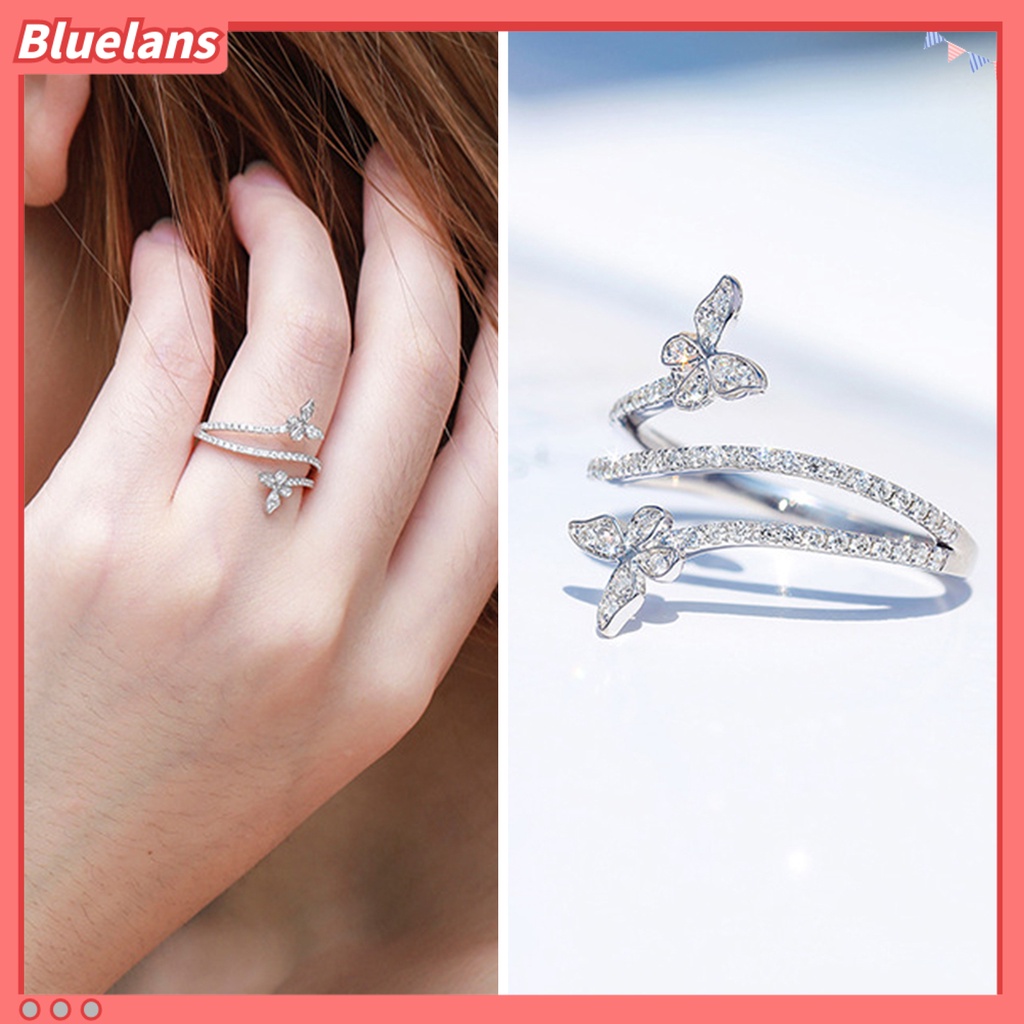 [BLS] Wanita Cincin Multi-Layer Kembar Spiral Elegan Temperamen Hadiah Hypoallergenic Mempesona Berlian Imitasi Kupu-Kupu Jari Cincin Perhiasan Fashion