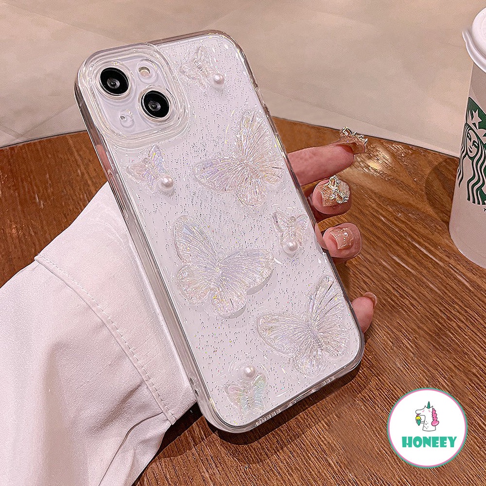 IPHONE Lucu 3D Busur Mutiara Kupu-Kupu Bening Casing Ponsel Untuk Iphone14 13 12 11 Pro Max XS Max XR X7 8plus Lensa Glitter Dilindungi Lembut Shockproof Cover