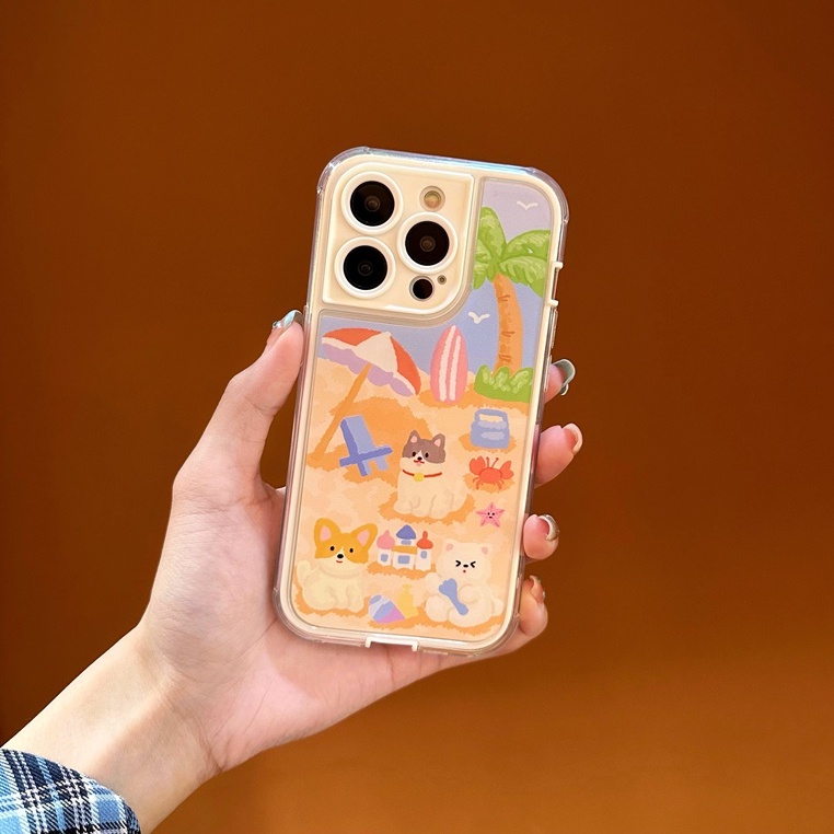 Beach Oil Painting Puppy Soft TPU Case iP iPhone 14 + Plus 11 12 13 Pro Max 2in1 FTD Girl Woman Casing Apple