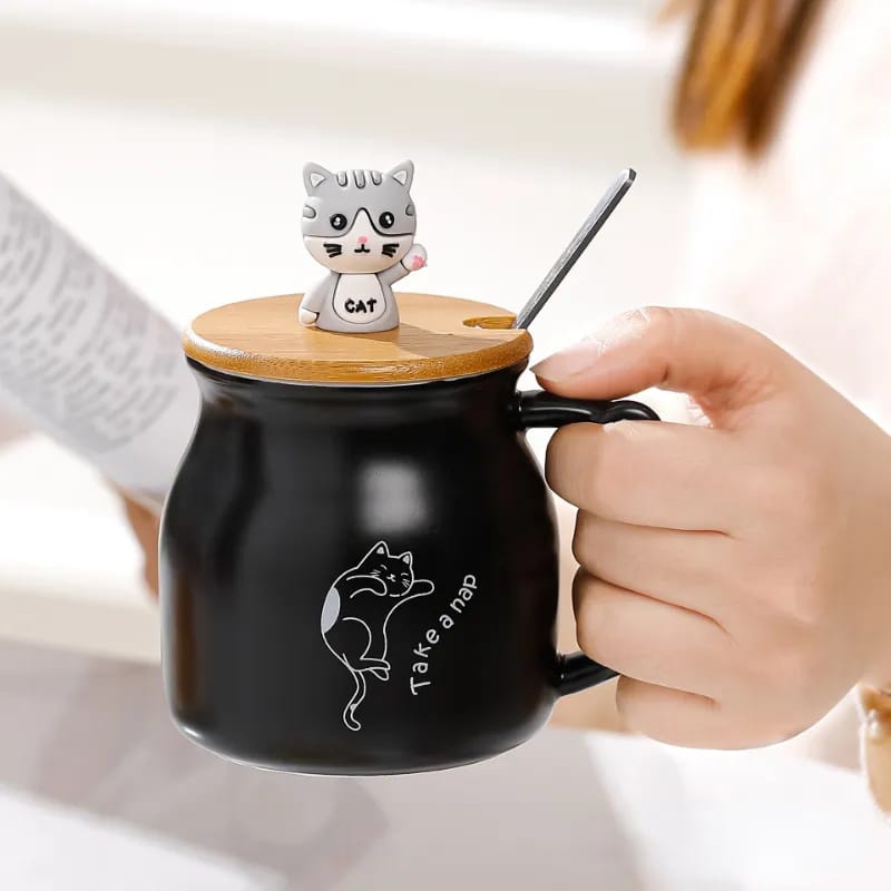 Mug Keramik Kucing dengan Tutup Kayu / Cangkir Keramik Cute Kucing