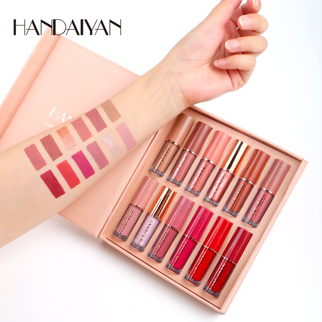 HANDAIYAN 12 Warna Lipstik Set Lip Gloss Matte Piala Non -stick Lip Glaze Tahan Air