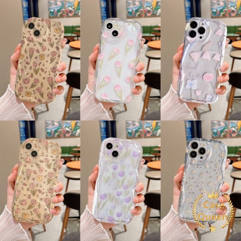 Casing Flroal Bening Mengkilap Tepi Bergelombang 3D Untuk Oppo A77 A33 A12 A11K A57 A35 A16s A54 A17K A5s A12E A16 A17 A77S A7 A15s A15 A53 A3s A32 Lembut Segar Penutup Bunga