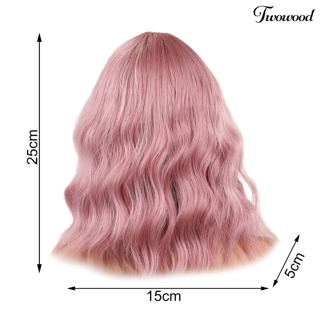 Twowood Cosplay Wig Universal Halus Ringan Pink Head Air Bangs Medium Long Curly Hair Wig Untuk Pesta