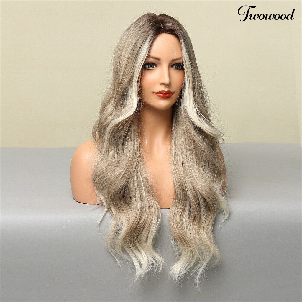 Twowood Wig Keriting Panjang Universal Halus Ringan Medium Split Long Smoky Grey Gradient Blonde Wig Untuk Rumah