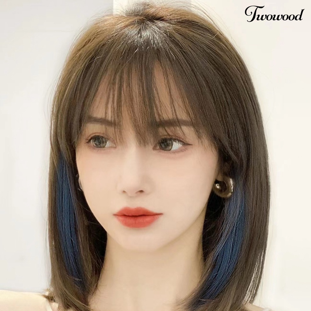 Twowood 1set Wanita Wig Berbulu Alami Tanpa Simpul Bernapas Rambut Styling Manusia Hidup Angka Delapan Poni Gantung Telinga Celup Wig Salon Pasokan