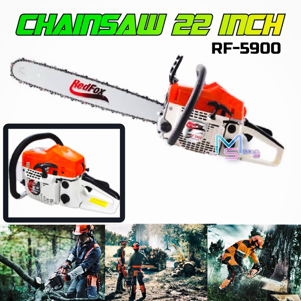 CHAINSAW RED FOX RF 5900H / MESIN GERGAJI / POTONG KAYU 2 TAK BENSIN / BAR 22” / LENGKAP SIAP PAKAITERSEDIA JUGA YUKIDO 22INC