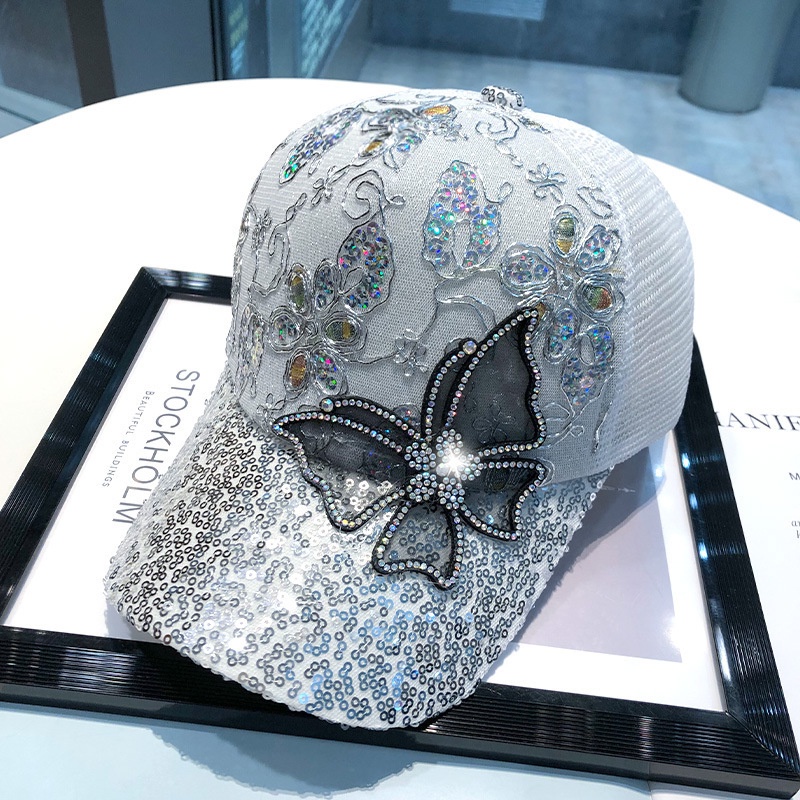 Topi Wanita Baseball Korea Motif Manik Sequin Kupu-Kupu Bunga Trucker Hat Fashion Casual BSBY