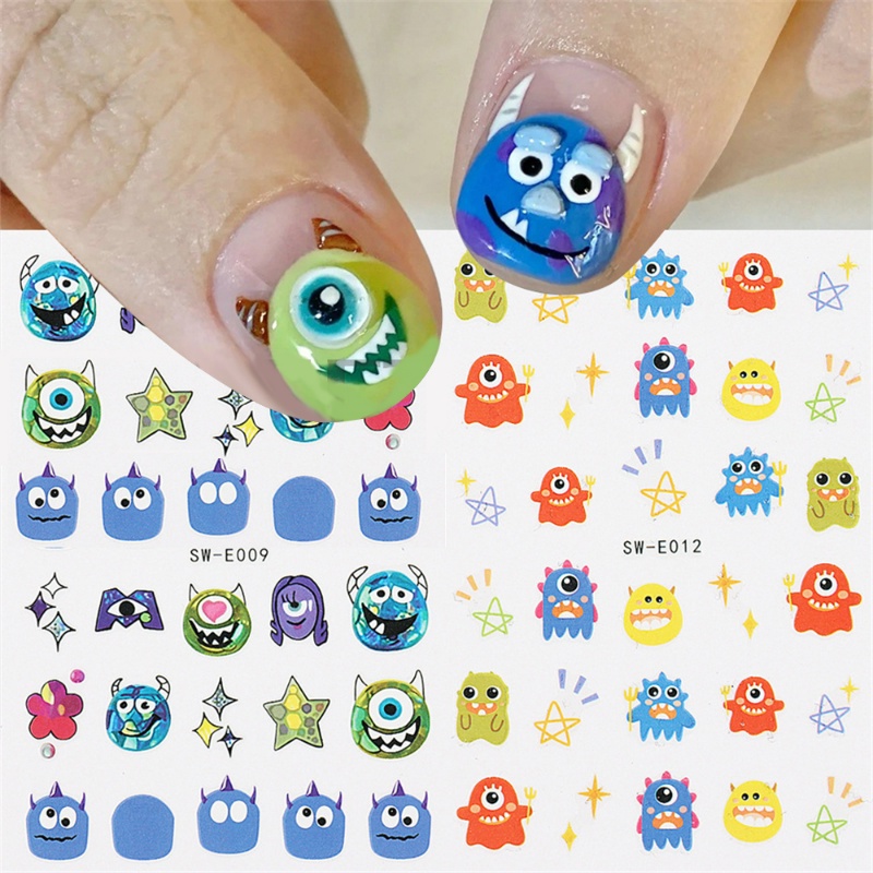 [Unggulan] 1lembar Kartun Lucu Kecil Monster Stiker Kuku Kawaii Mata Besar Transfer Air Kuku Stiker 3D Warna-Warni Perekat Diri Nail Art Slider Tape Manicure Dekorasi