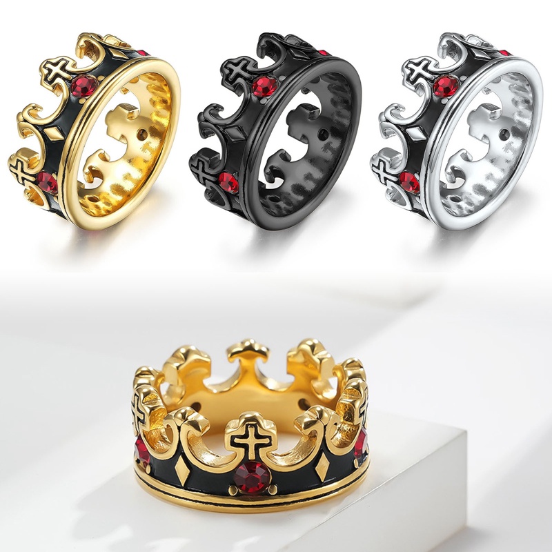 Royal King Knight Crown Ring Untuk Pria Dan Cowok Religi Cross Chunky Stainless Steel Rings Vintage Kristen Cincin Kawin Band Perak Hitam Emas