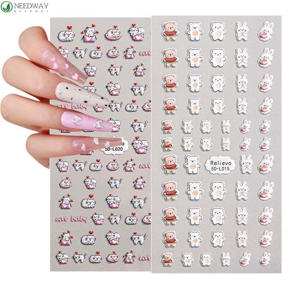 Needway Kartun Stiker Kuku 5D Relief Fashion Cinta Hati Senyum Anjing Self Adhesive Nail Dekorasi