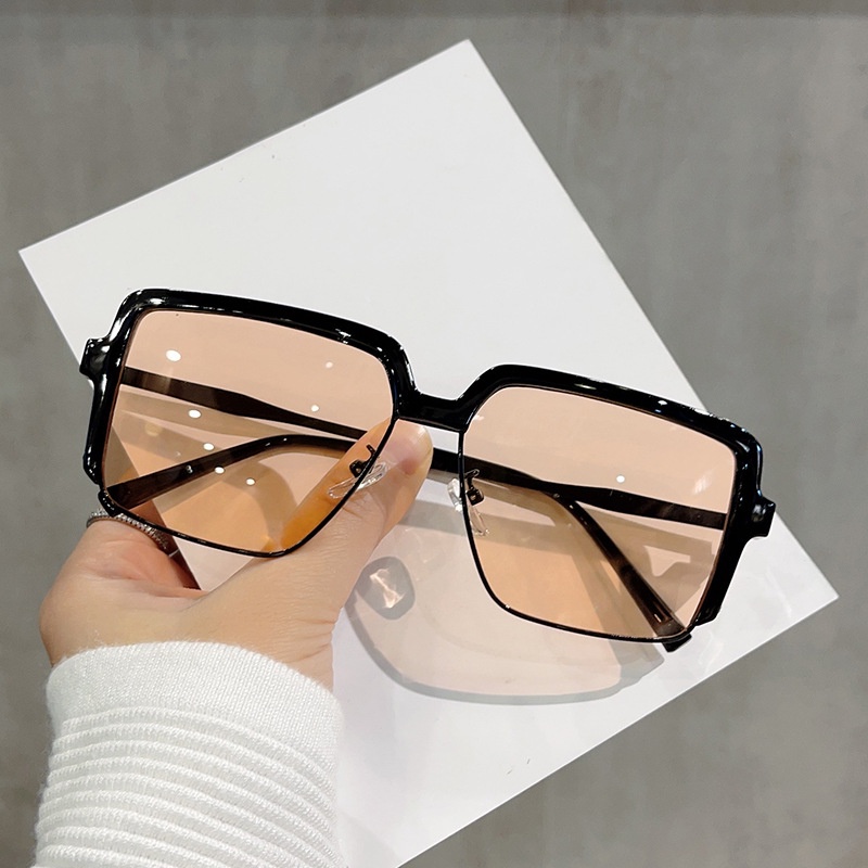 (YUZHU) Kacamata Hitam Coklat Persegi Fashion Korea Untuk Wanita Logam Oversized Frame Premium Sense Sunglasses