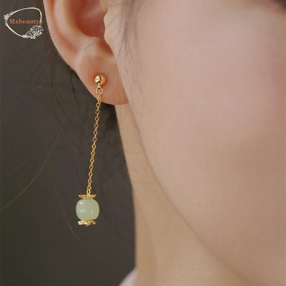 Mxbeauty Anting Perempuan Elegan Klasik Temperamen Mutiara Geometri Telinga Klip Hijau Kuno Wanita Stud Earrings Perhiasan Gaya Cina