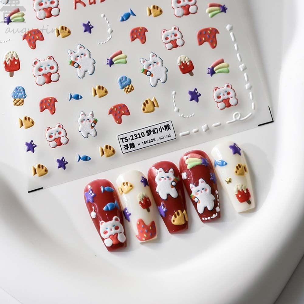 Agustinina Kartun Stiker Kuku Lucu Fashion Cookie Hewan Perekat Diri Beruang Stiker Kuku Nail Art Dekorasi