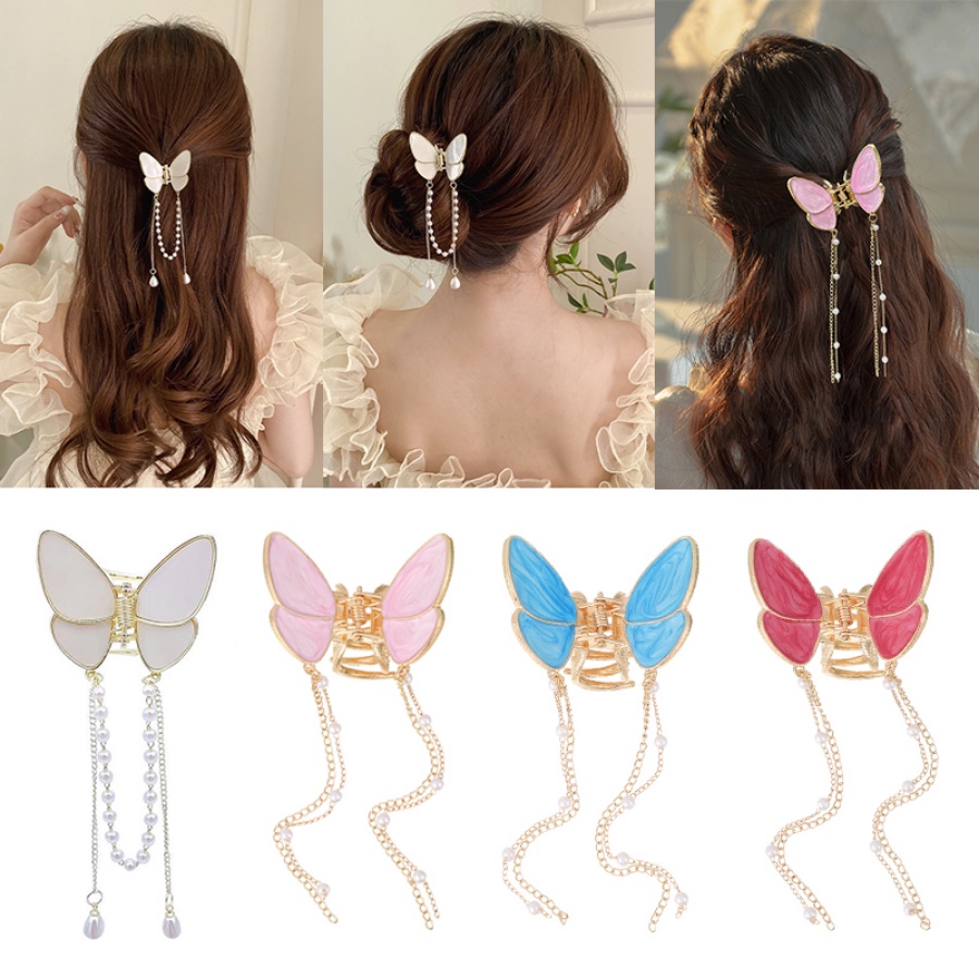 Korea Alloy Kupu-Kupu Klip Rambut Rantai Mutiara Rumbai Jepit Rambut Manik-Manik Hair Claw Woman Aksesoris Rambut