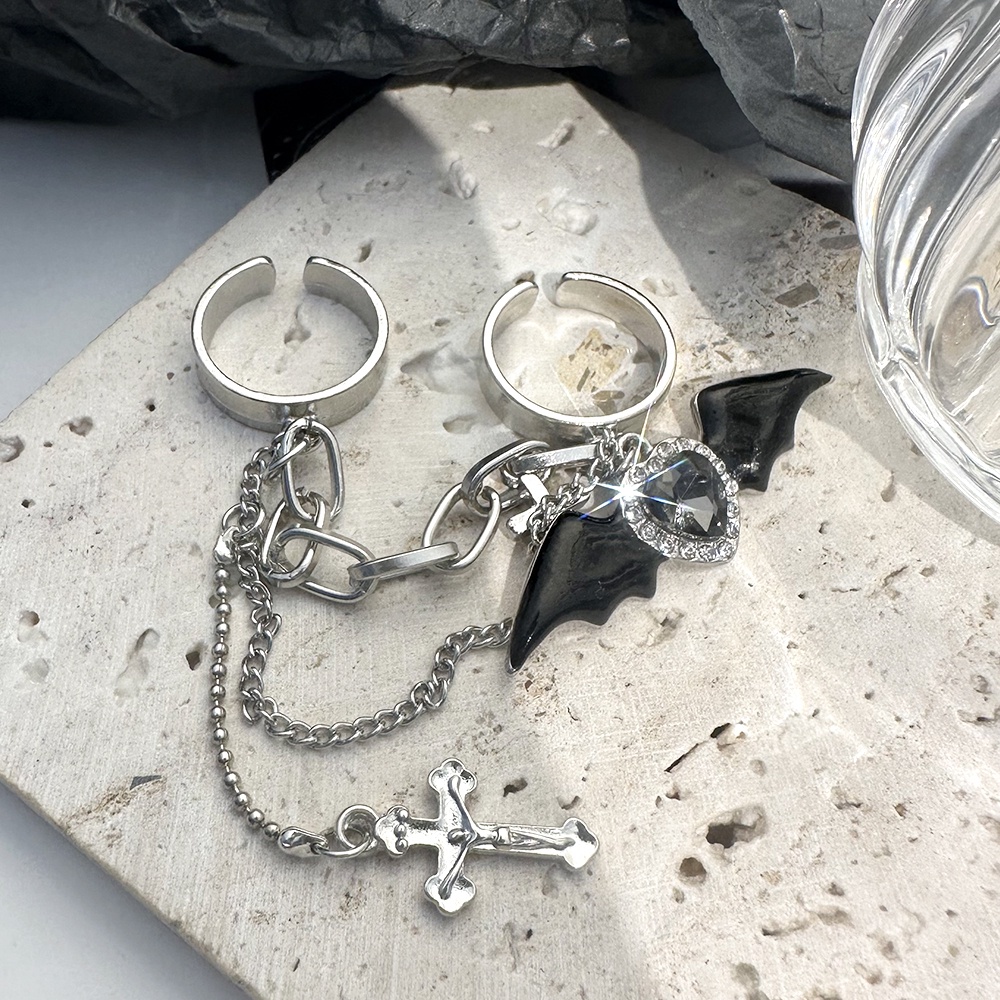 Gothic Devil Bat Wing Cross Double-finger Chain Rings/Hip Hop Metal Ring/Street Style Sweet Cool Adjustable Opening Ring/Dark Punk Irregular Y2k Rings Perhiasan Aksesoris/