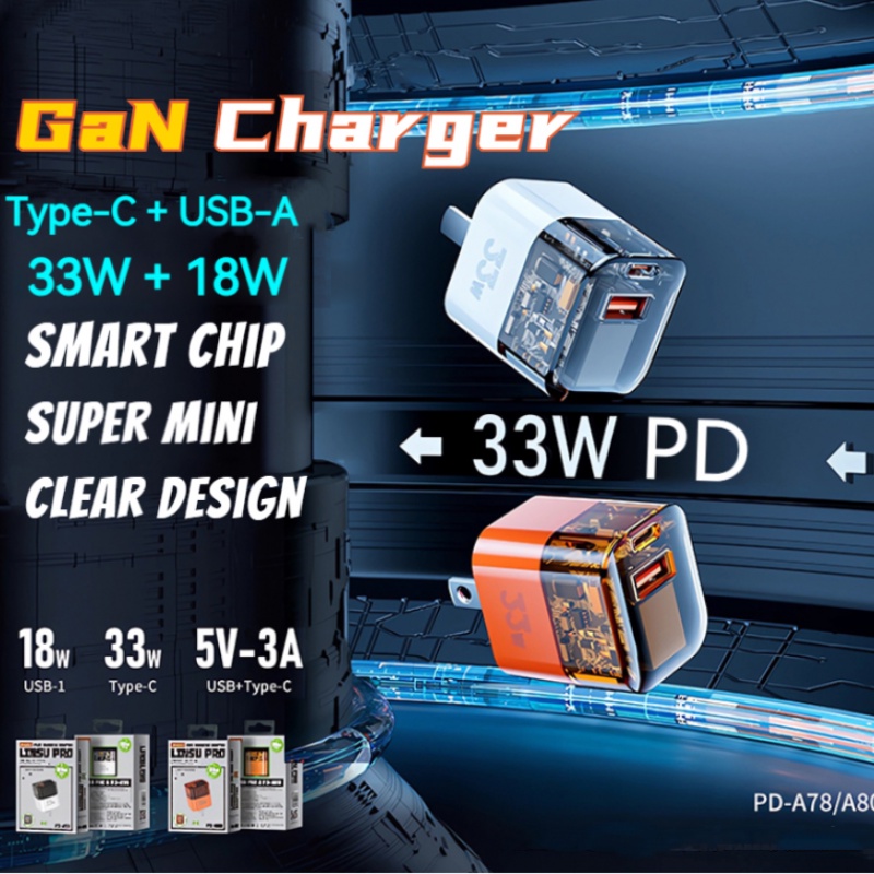 Pd 33W Fast Charging Charger A+C Semi Transparan Gallium Nitride Kepala Pengisian Cepat American Standard Plug