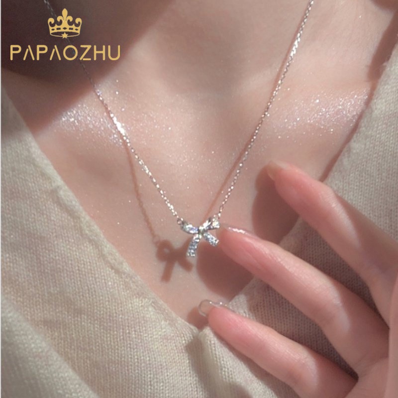 Papaozhu Korea s925 Perak Glittery Kristal Berongga Busur Liontin Kalung Untuk Wanita Gadis Lucu Ikatan Simpul Pesona Tulang Selangka Rantai Kalung Perhiasan Hadiah
