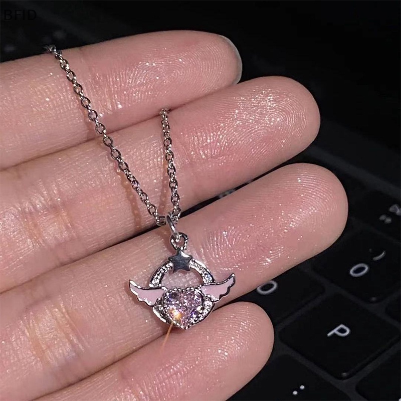 [BFID] Warna Perak Kristal Sayap Malaikat Hati Liontin Kalung Wanita Gadis Sederhana Pink Zirkon Cinta Elegan Kalung Wanita Perhiasan [ID]