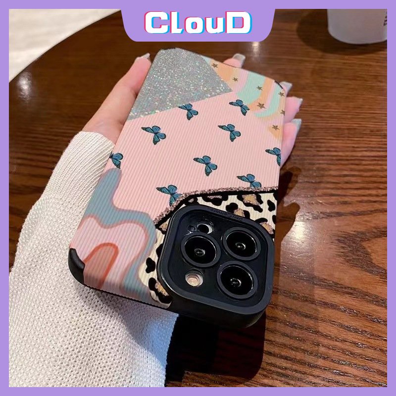 IPHONE Ins Cinta Hati Shockproof Case Kompatibel Untuk Iphone11 13 12 14 Pro MAX 7Plus XR X XS Max7 8 Plus Merek Trendi Leopard Jahitan Kontras Penutup Tekstur Kulit