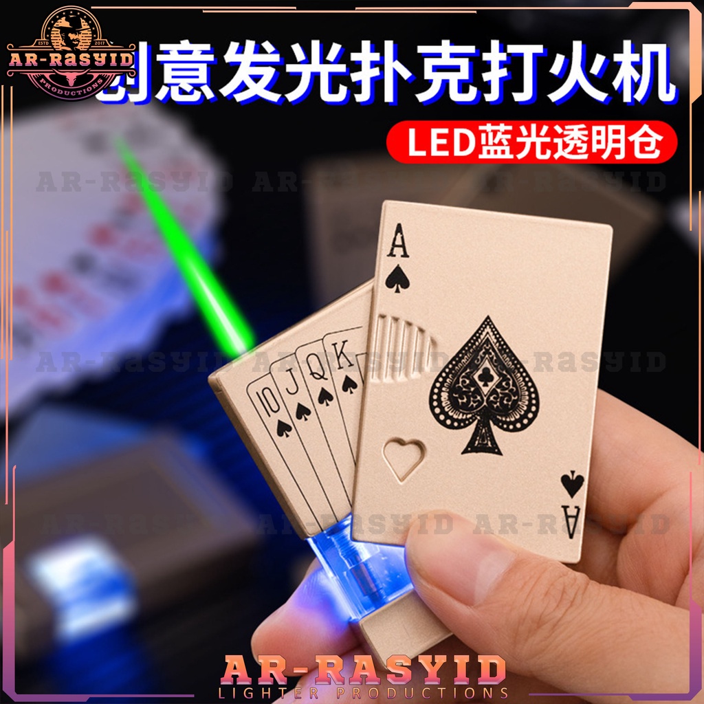 TERBARU! Korek Api Bara Gas Remi Slide Gesek Motif Kartu Rosegold LED DD