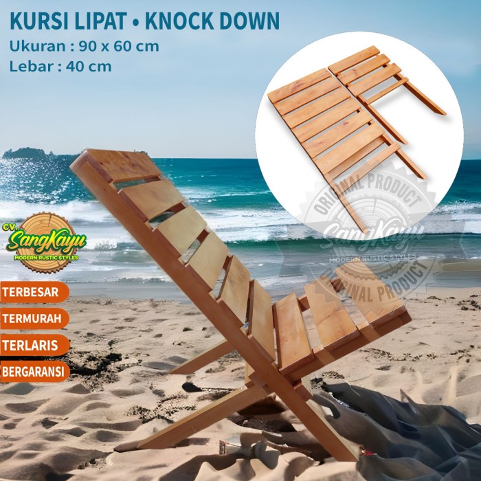 Kursi Lipat Portable Kayu Mahoni: Kursi Outdoor Camping,Kursi Kayu Knockdown,Kursi Pantai Praktis
