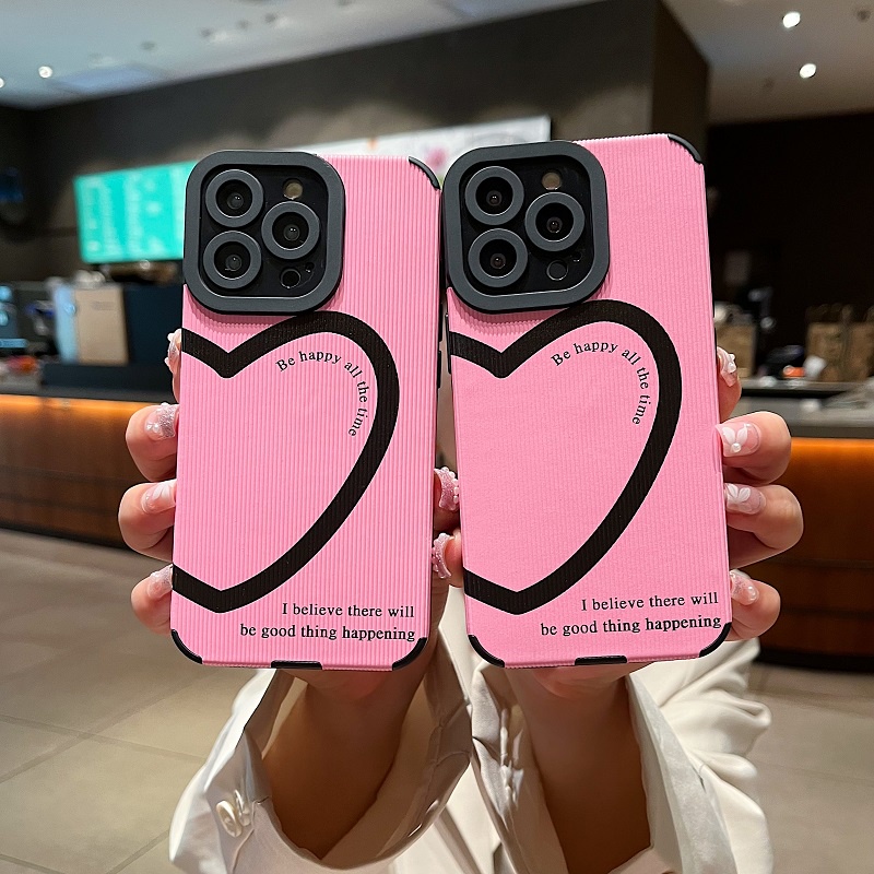 IPHONE Untuk Iphone14 13 12 11 Pro Max X XR XS Max7 8 Plus Pink Hati Inggris Tekstur Vertikal Kulit Pelindung Soft case