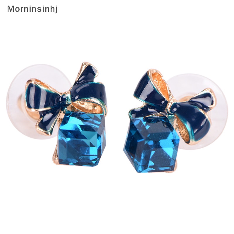 Mornin Biru Kristal Berlian Imitasi Enamel Bow Ear Stud Ikatan Simpul Anting Hadiah Wanita Perhiasan id