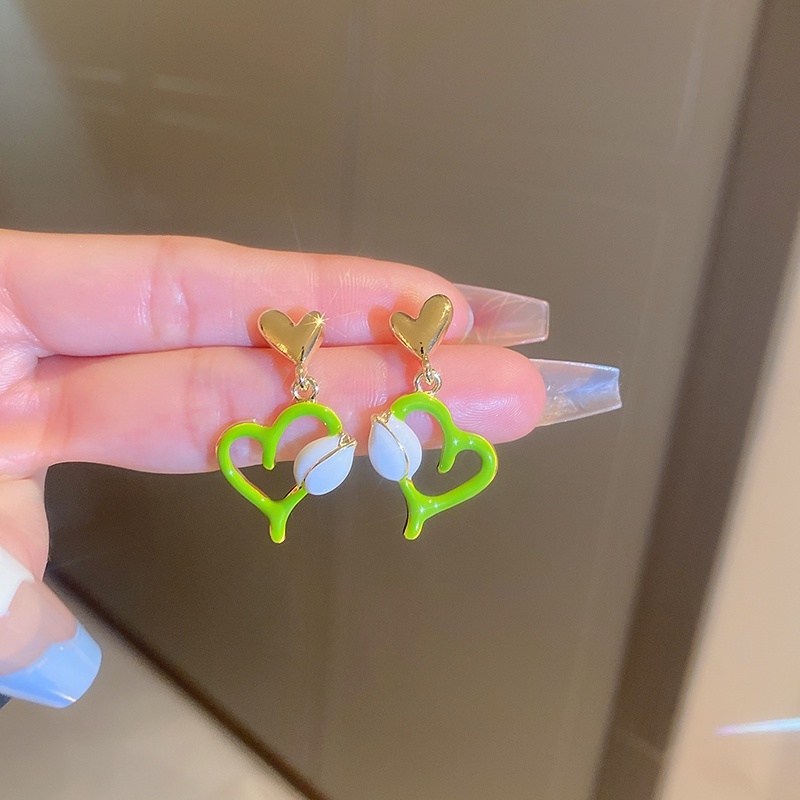 Korea Musim Panas Hijau Gadis Manis tulip Menjuntai Jantung Anting Telinga Studs Aksesori Fashion