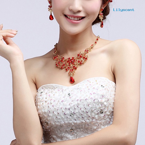 [LS]Bridal Pesta Pernikahan Merah Warna Emas Paduan Liontin Kalung Anting Set